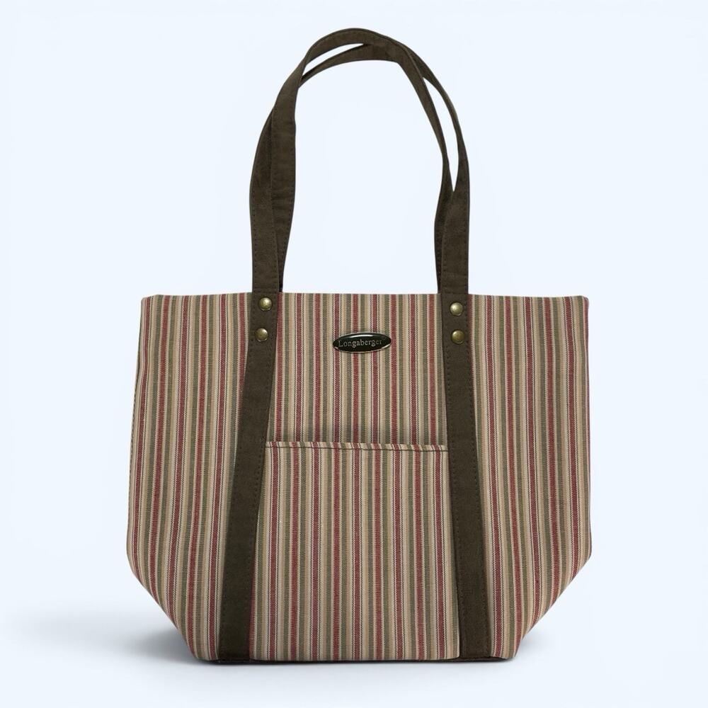 Vintage Longaberger Homestead Purse Maroon/Green Striped Mini Tote Bag